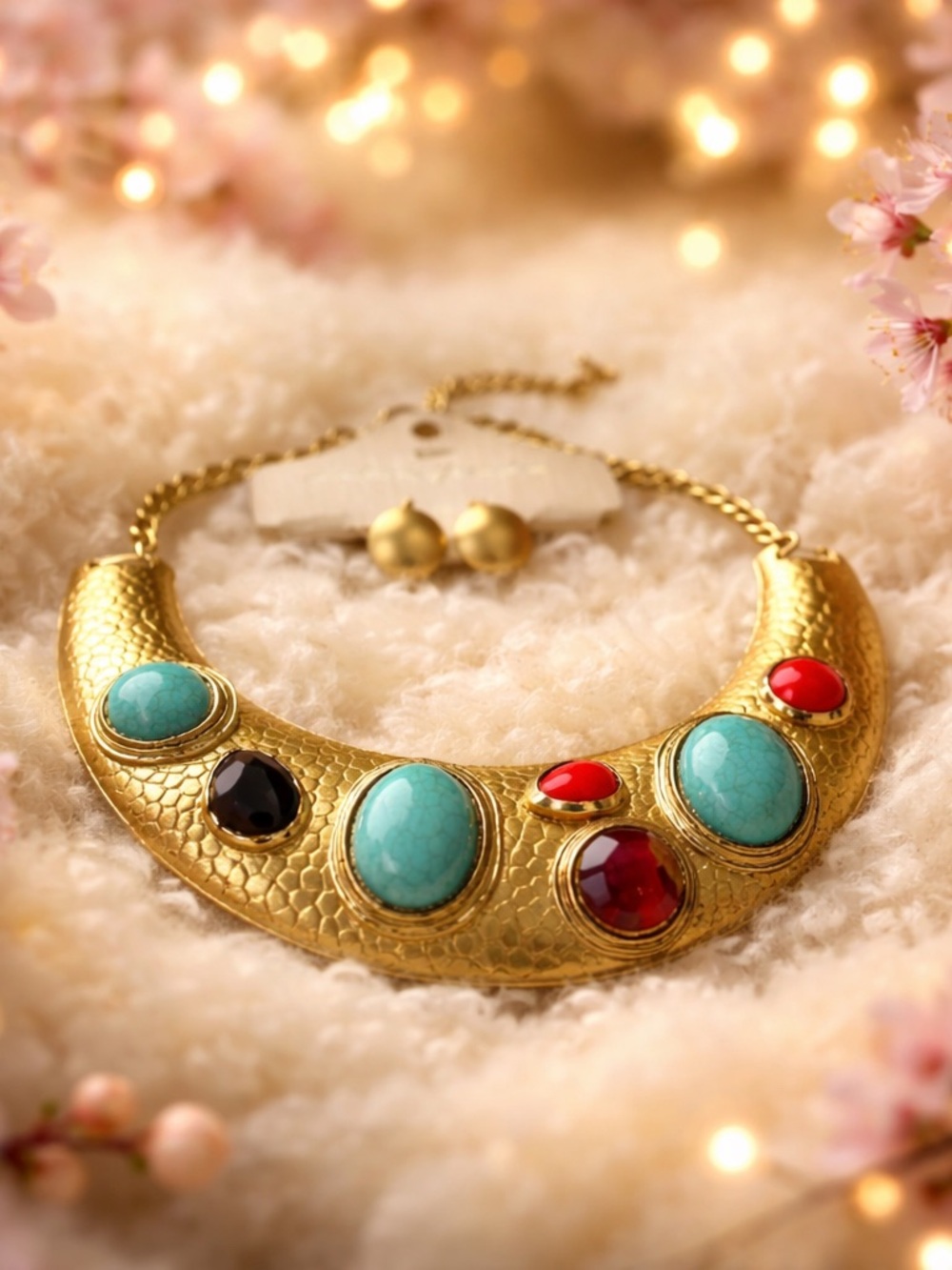 Gold Collar Necklace with Turquoise & Coral Stones - 5 in 1 Mixed #1007
